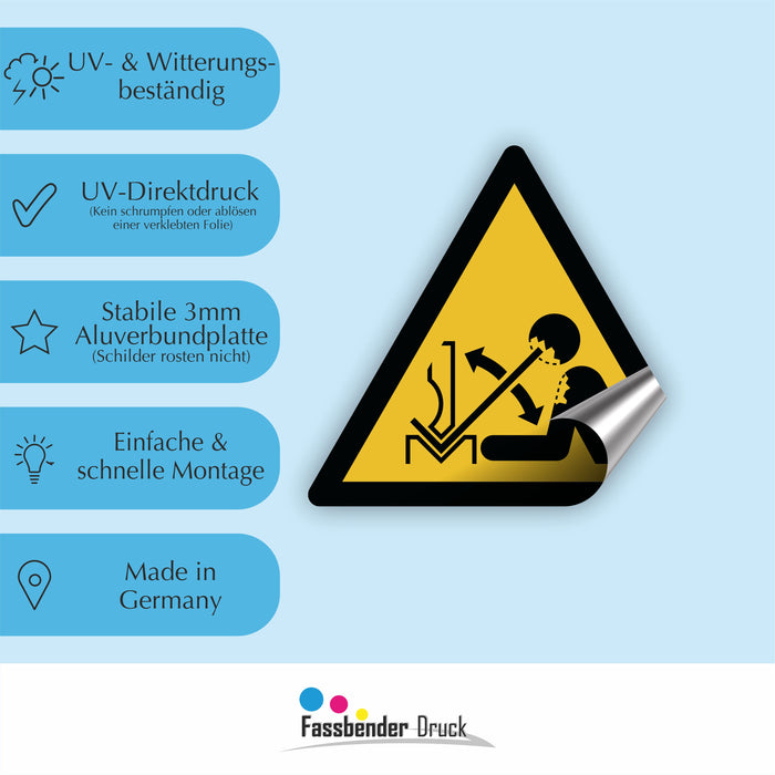Warnzeichen (W032) Warnung vor hochschnellendem Werkstück in einer Presse - nach DIN EN ISO 7010